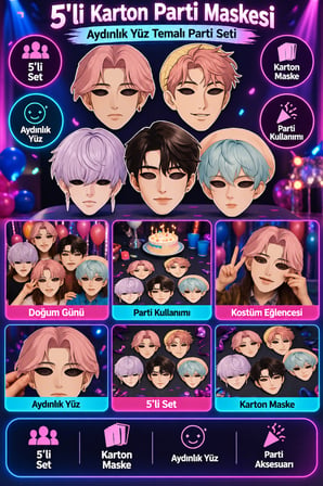 K Pop Huntrix Demon Hunters Saja Boys 5'li Karton Maske Seti Aydınlık Yüz