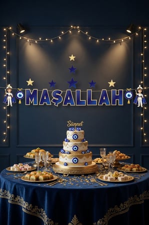 Maşallah Yazılı Sünnet Banner Mavi Gold 160 cm Sünnet Süsü Parti Dekorasyon