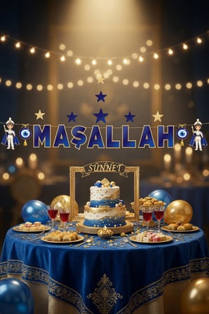 Maşallah Yazılı Sünnet Banner Mavi Gold 160 cm Sünnet Süsü Parti Dekorasyon