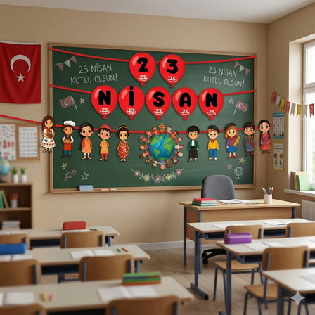 23 Nisan Dekoratif Banner Dünya Çocukları Temalı 18 Parça Kurdele Süs Seti