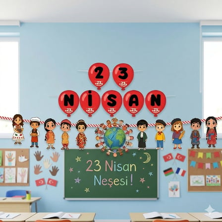 23 Nisan Dekoratif Banner Dünya Çocukları Temalı 18 Parça Kurdele Süs Seti