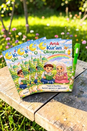 5 Set Kur'an Okuyorum Hediyesi Kur'an Kursu-Hatim Töreni Hatırası Ayıcık Desenli Görünmez Kalem Tebrik Kartı Hediyeli