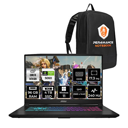 MSI Katana 17 HX i9-14900HX 96GB 4TB SSD RTX5060/8GB 17.3'' 2K QHD 240Hz W11H Gaming Laptop B14WFK