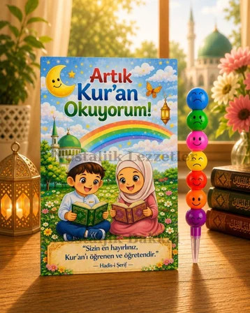 Kur'an Okuyorum Hediyesi 5 Set Kur'an Kursu-Hatim Töreni Hatırası Emoji Kurşun Kalem Tebrik Kartı Hediyeli