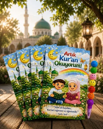 Kur'an Okuyorum Hediyesi 5 Set Kur'an Kursu-Hatim Töreni Hatırası Emoji Kurşun Kalem Tebrik Kartı Hediyeli