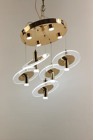 Modern Gold Tepsi 5li Yatay Disk Formlu Kristalize 3 Renk Led Avize