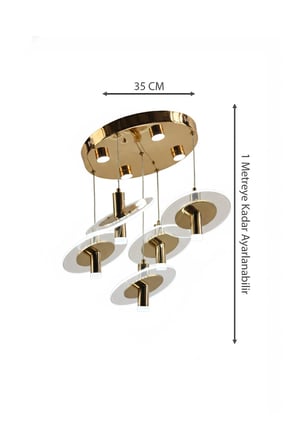 Modern Gold Tepsi 5li Yatay Disk Formlu Kristalize 3 Renk Led Avize