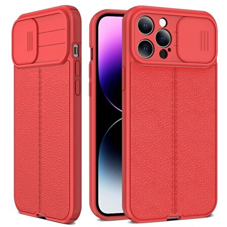 Smcase iPhone 14 Pro Kılıf Lensi Kamera Korumalı Deri Dokulu Silikon