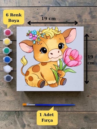 Tuval Boyama Aktivite Seti Sevimli İnek Baskılı 19x19 Cm (Tuval, Fırça ve 6 Renk Akrilik Boya Seti)