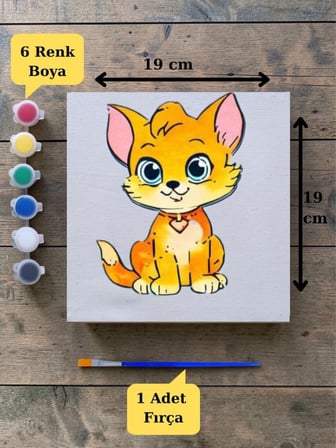 Çocuklar İçin Sevimli Kedi Baskılı Tuval Boyama Seti – Hayal Gücünü Keşfet! 19x19 Cm (Tuval, Fırça ve 6 Renk Akrilik Boya Seti)