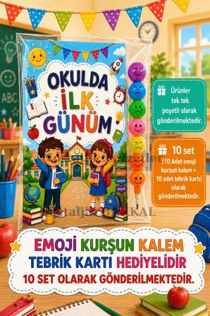 Okula Yeni Başlayan Öğrencilere Özel 10 Adet Hediye Seti 1. Sınıf- Sene Başı Emoji Kurşun Kalem Tebrik Kartı Hediyeli