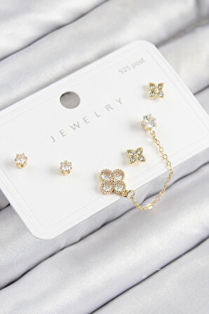 Pirinç Zirkon Taşlı Yonca Model Gold Renk 925 Ayar Gümüş Çivi Kadın Küpe Set