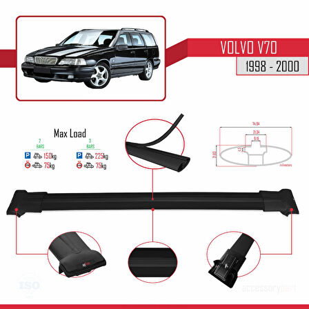 Volvo V70 1998-2000 Arası ile Uyumlu FLY Model Ara Atkı Tavan Barı Siyah 2 Adet