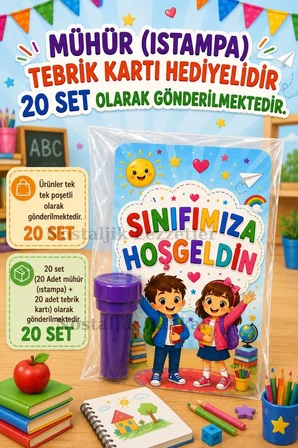 Sınıfımıza Hoşgeldin Yazılı 20 Adet Hediye Seti 1. Sınıf- Sene Başı Hatırası Mühür (Istampa) Tebrik Kartı Hediyeli