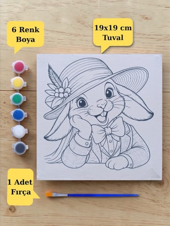 Çocuklara Özel Şapkalı Tavşan Baskılı Tuval Boyama Aktivite Seti 19x19 Cm (Tuval, Fırça ve 6 Renk Akrilik Boya Seti)