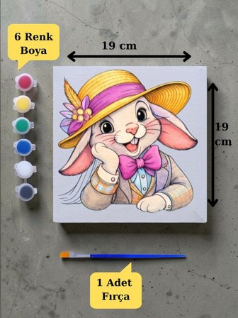 Çocuklara Özel Şapkalı Tavşan Baskılı Tuval Boyama Aktivite Seti 19x19 Cm (Tuval, Fırça ve 6 Renk Akrilik Boya Seti)