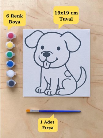 Tuval Boyama Aktivite Seti Sevimli Köpek Baskılı 19x19 Cm (Tuval, Fırça ve 6 Renk Akrilik Boya Seti)