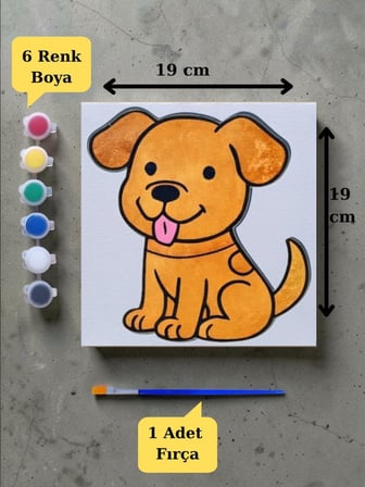 Tuval Boyama Aktivite Seti Sevimli Köpek Baskılı 19x19 Cm (Tuval, Fırça ve 6 Renk Akrilik Boya Seti)