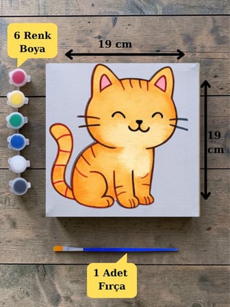 Sevimli Kedi Baskılı Tuval Boyama Aktivite Seti 19x19 Cm (Tuval, Fırça ve 6 Renk Akrilik Boya Seti)