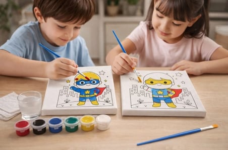 Sevimli Kedi Baskılı Tuval Boyama Aktivite Seti 19x19 Cm (Tuval, Fırça ve 6 Renk Akrilik Boya Seti)