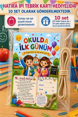 Hatıra İpi Tebrik Kartı Hediyeli 10 Adet Okulda İlk Gün Hediye Seti 1. Sınıf-Sene Başı Hatıra Tebrik Kartı Seti