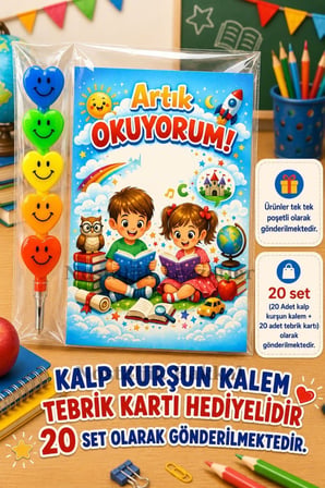 20 Set Yeni Okumayı Öğrenen Öğrencilere Hediye Artık Okuyorum Yazılı 1. Sınıf Hatırası Kalp Kurşun Kalem Tebrik Kartı Hediyeli