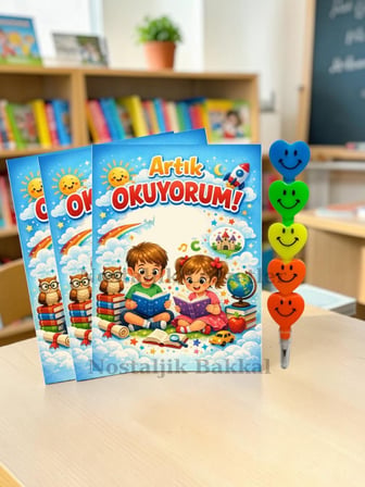 20 Set Yeni Okumayı Öğrenen Öğrencilere Hediye Artık Okuyorum Yazılı 1. Sınıf Hatırası Kalp Kurşun Kalem Tebrik Kartı Hediyeli