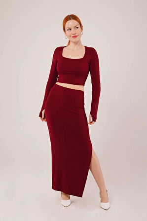 Kadın Kare Yaka Uzun Kollu Bluz ve Yırtmaçlı Etek İkili Takım