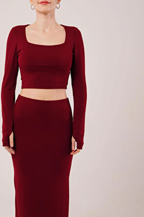 Kadın Kare Yaka Uzun Kollu Bluz ve Yırtmaçlı Etek İkili Takım