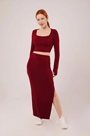 Kadın Kare Yaka Uzun Kollu Bluz ve Yırtmaçlı Etek İkili Takım