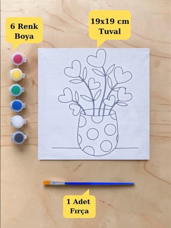 Çocuklara Özel Saksıda Çiçek Baskılı Tuval Boyama Aktivite Seti 19x19 Cm (Tuval, Fırça ve 6 Renk Akrilik Boya Seti)