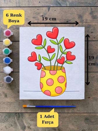 Çocuklara Özel Saksıda Çiçek Baskılı Tuval Boyama Aktivite Seti 19x19 Cm (Tuval, Fırça ve 6 Renk Akrilik Boya Seti)
