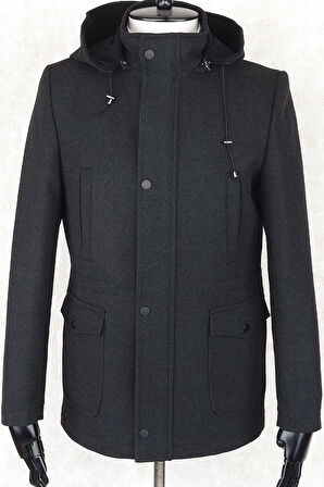 JANCARLUCCİ  Erkek Dizüstü Slimfit Çıkarılabilir  Kapüşonlu Torba Cep Fermuarlı Astarlı  Kaşe Kaban 