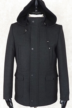 JANCARLUCCİ  Erkek Dizüstü Slimfit Çıkarılabilir  Kapüşonlu Torba Cep Fermuarlı Astarlı  Kaşe Kaban 