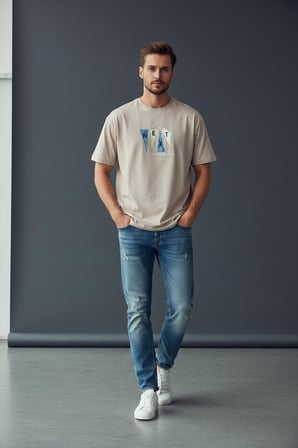 Erkek Penye Kumaş Bisiklet Yaka Bej Tişört - 171