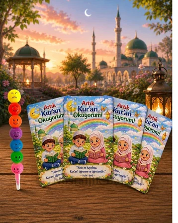 5 Set Kur'an Okuyorum Hediyesi Kur'an Kursu-Hatim Töreni Hatırası Keçeli Renkli Kalem Tebrik Kartı Hediyeli