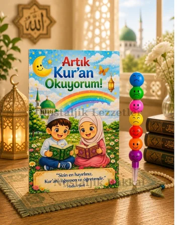 5 Set Kur'an Okuyorum Hediyesi Kur'an Kursu-Hatim Töreni Hatırası Keçeli Renkli Kalem Tebrik Kartı Hediyeli