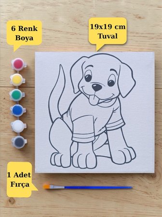 Çocuklara Özel Sevimli Köpek Baskılı Tuval Boyama Aktivite Seti 19x19 Cm (Tuval, Fırça ve 6 Renk Akrilik Boya Seti)