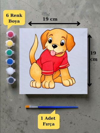 Çocuklara Özel Sevimli Köpek Baskılı Tuval Boyama Aktivite Seti 19x19 Cm (Tuval, Fırça ve 6 Renk Akrilik Boya Seti)