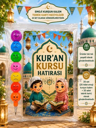 Kur'an Kursu Hatırası 20 Adet Emoji Yumurtlayan Kurşun Kalem Tebrik Kartı Hediye Seti 