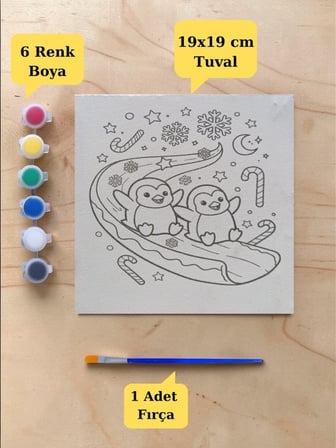 Tuval Boyama Aktivite Seti Sevimli Penguenler Baskılı 19x19 Cm (Tuval, Fırça ve 6 Renk Akrilik Boya Seti)