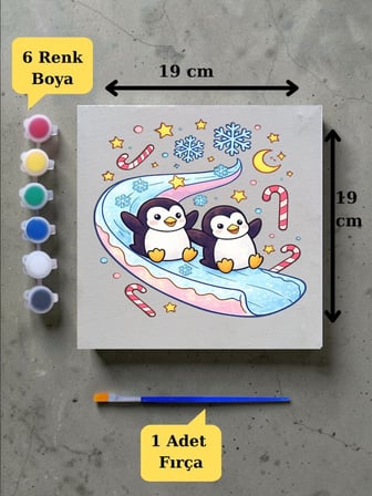Tuval Boyama Aktivite Seti Sevimli Penguenler Baskılı 19x19 Cm (Tuval, Fırça ve 6 Renk Akrilik Boya Seti)