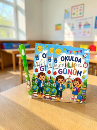 5 Adet Öğrencilere Özel Okulda İlk Günüm Yazılı Hediye Seti 1. Sınıf- Sene Başı Ayıcık Desenli Görünmez Kalem Tebrik Kartı Hediyeli