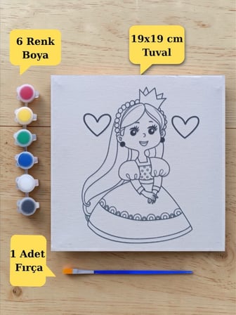 Tuval Boyama Sevimli Prenses Baskılı Aktivite Seti 19x19 Cm (Tuval, Fırça ve 6 Renk Akrilik Boya Seti)