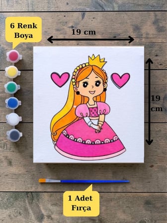 Tuval Boyama Sevimli Prenses Baskılı Aktivite Seti 19x19 Cm (Tuval, Fırça ve 6 Renk Akrilik Boya Seti)