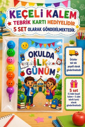 5 Adet Okula Yeni Başlayan Öğrencilere 1. Sınıf- Sene Başı Hatırası Keçeli Kalem Tebrik Kartı Hediyeli