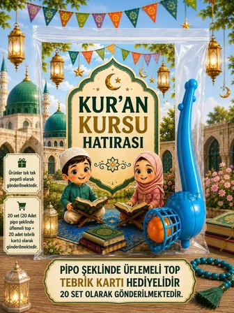 20 Adet Kur'an Kursu Hatırası Pipo Şeklinde Üflemeli Top Tebrik Kartı Hediye Seti 