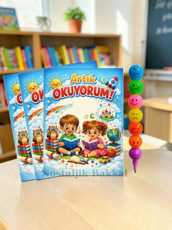 20 Set Yeni Okumayı Öğrenen Öğrencilere Hediye Artık Okuyorum Yazılı 1. Sınıf Hatırası Keçeli Kalem Tebrik Kartı Hediyeli