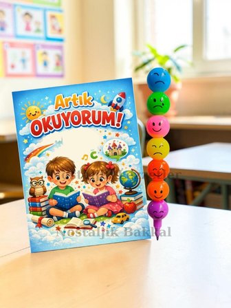 20 Set Yeni Okumayı Öğrenen Öğrencilere Hediye Artık Okuyorum Yazılı 1. Sınıf Hatırası Keçeli Kalem Tebrik Kartı Hediyeli