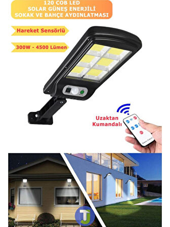 Uzaktan Kumandalı 6 Gözlü 120 Led'li Solar 3 Modlu Hareket Sensörlü Su Geçirmez Bahçe-Kapı Önü Sokak Lambası Projektör